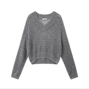 Women's Custom Gray V-Neck Long Sleeve Knit Sweater | OEM/ODM Knitwear Manufacturer