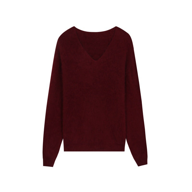 Women's Custom Burgundy V-Neck Slim Fit Long Sleeve Wool Knit Sweater | OEM/ODM Knitwear Manufacturer