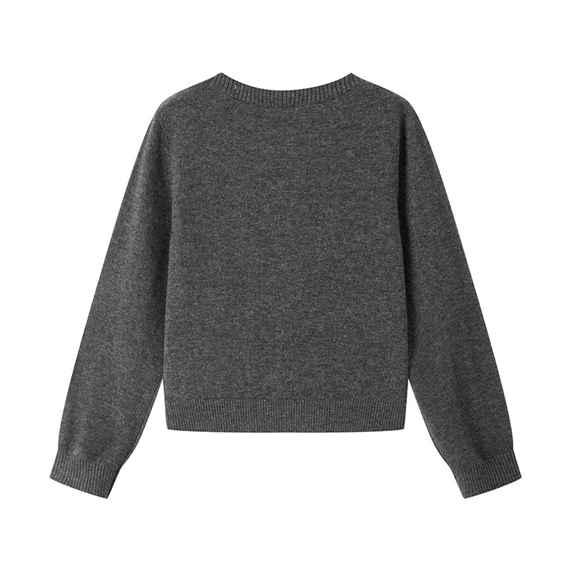 Women's Custom Gray Round Neck Long Sleeve Wool Knit Cardigan | OEM/ODM Knitwear Manufacturer