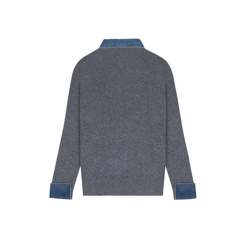 Women's Custom Gray Lapel Wool Knit Sweater | OEM/ODM Knitwear Manufacturer