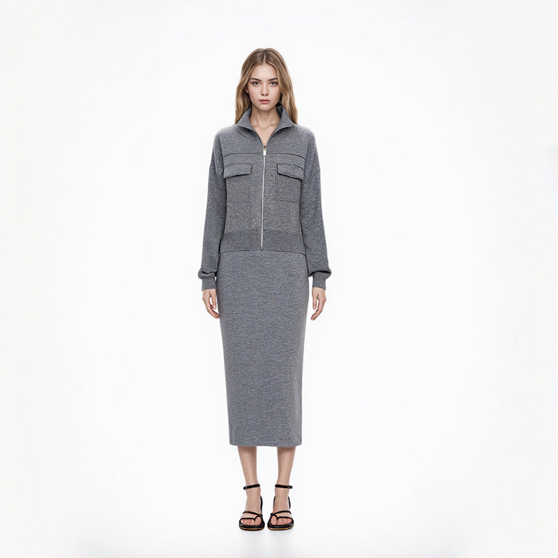 Gray Lapel Long Sleeve Knit Sweater Wool
