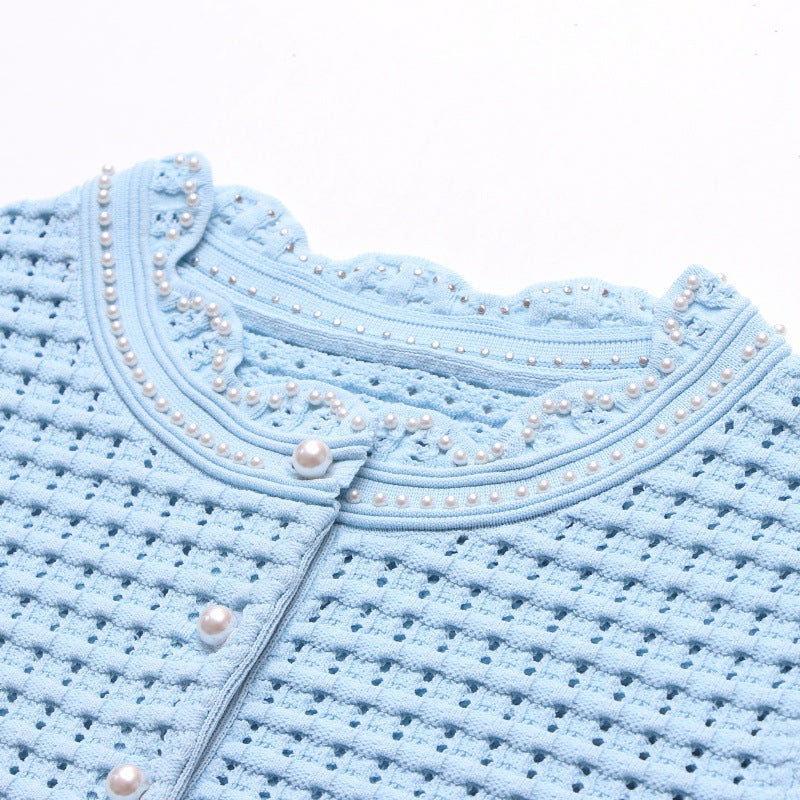 Women's Custom Blue Short Sleeve Knit Top & Pants Set | OEM/ODM Knitwear Manufacturer
