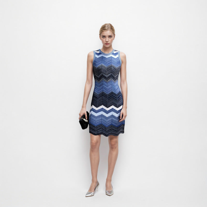 Blue Round Neck Sleeveless Knit Dress