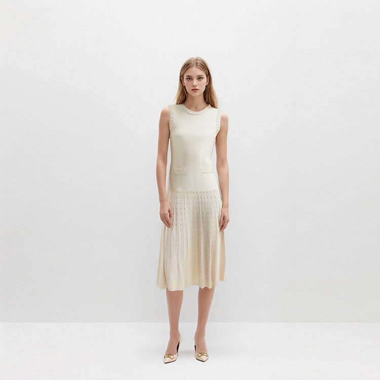 Women's Custom White Round Neck Sleeveless Knit Dress | OEM/ODM Knitwear Manufacturer