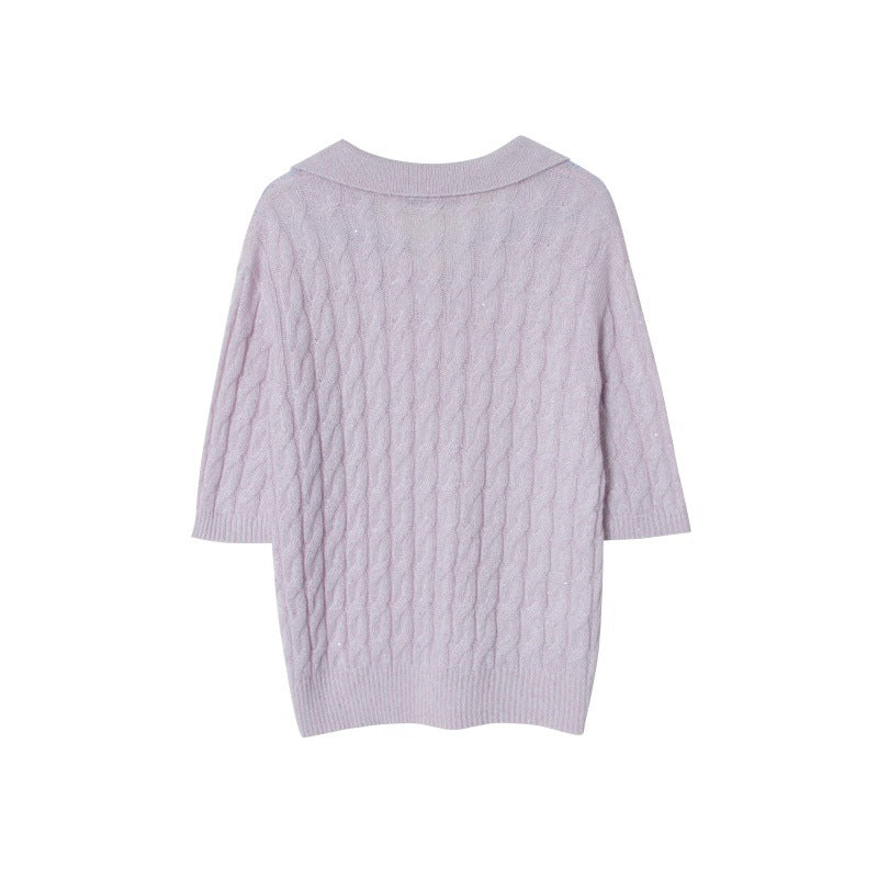 Pink Lapel Short Sleeve Knit Sweater Wool