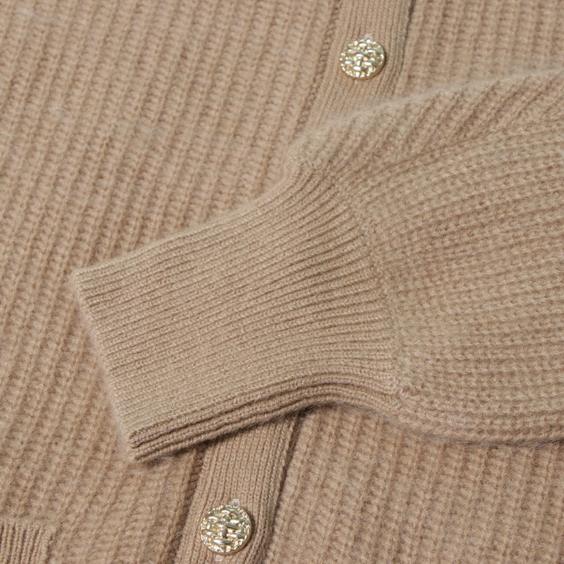 Brown Round Neck Long Sleeve Knit Cardigan Wool