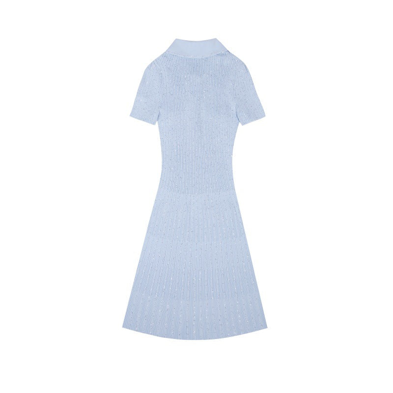 Women's Custom Misty Blue Polo Collar Short Sleeve Knit Dress