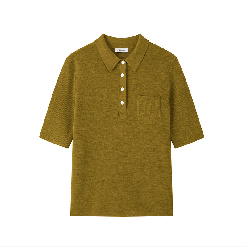 Women's Custom Blue Polo Collar Short Sleeve Wool Knit Sweater | OEM/ODM Knitwear Manufacturer