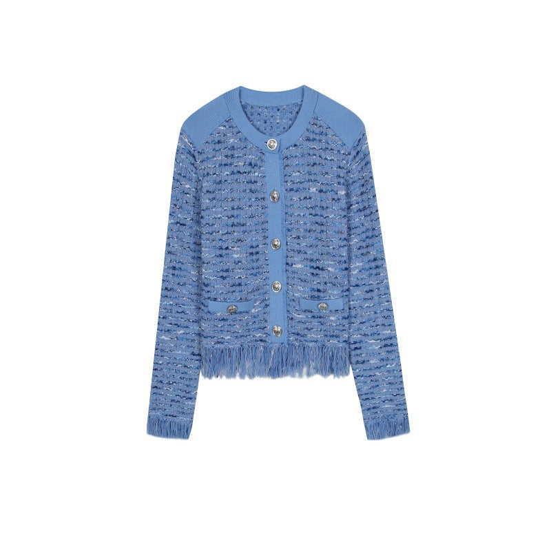Women's Custom Blue Round Neck Long Sleeve Wool Knit Sweater | OEM/ODM Knitwear Manufacturer