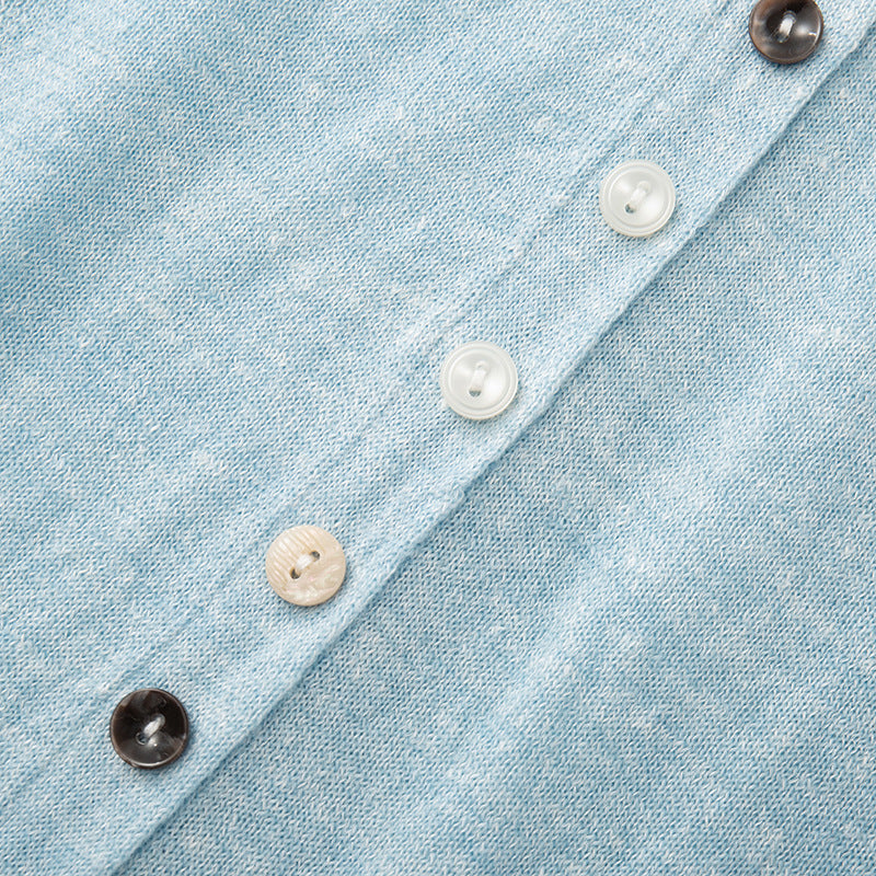 Women's Custom Blue V-Neck Short Sleeve Button-Front Wool Knit Cardigan | OEM/ODM Knitwear Manufacturer