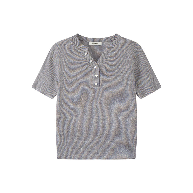 Women's Custom Blue V-Neck Short Sleeve Wool Knit Sweater | OEM/ODM Knitwear Manufacturer