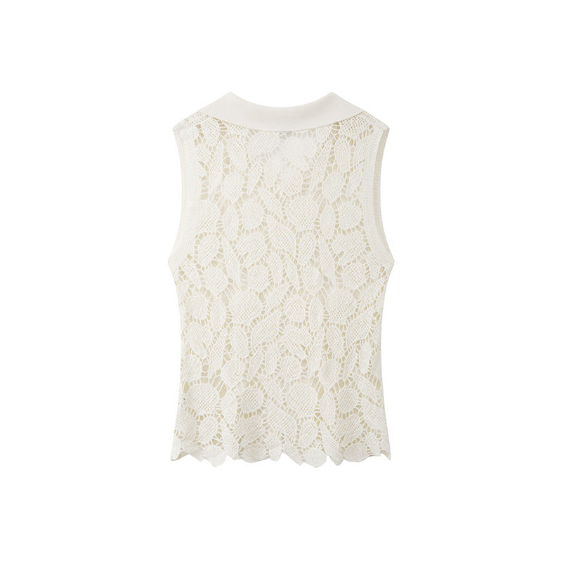 Women's Custom White Polo Collar Sleeveless Cotton Knit Top | OEM/ODM Knitwear Manufacturer