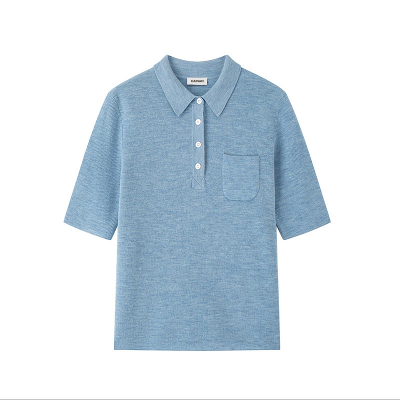 Women's Custom Blue Polo Collar Short Sleeve Wool Knit Sweater | OEM/ODM Knitwear Manufacturer