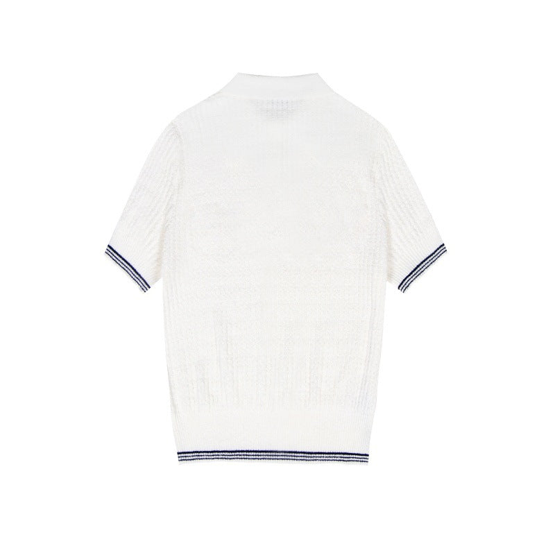 Women's Custom White Polo Collar Short Sleeve Cotton Knit Sweater | OEM/ODM Knitwear Manufacturer
