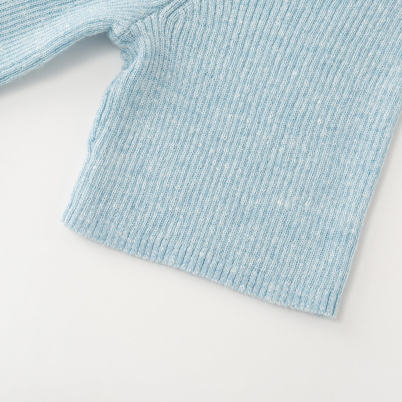 Women's Custom Blue V-Neck Short Sleeve Wool Knit Sweater | OEM/ODM Knitwear Manufacturer
