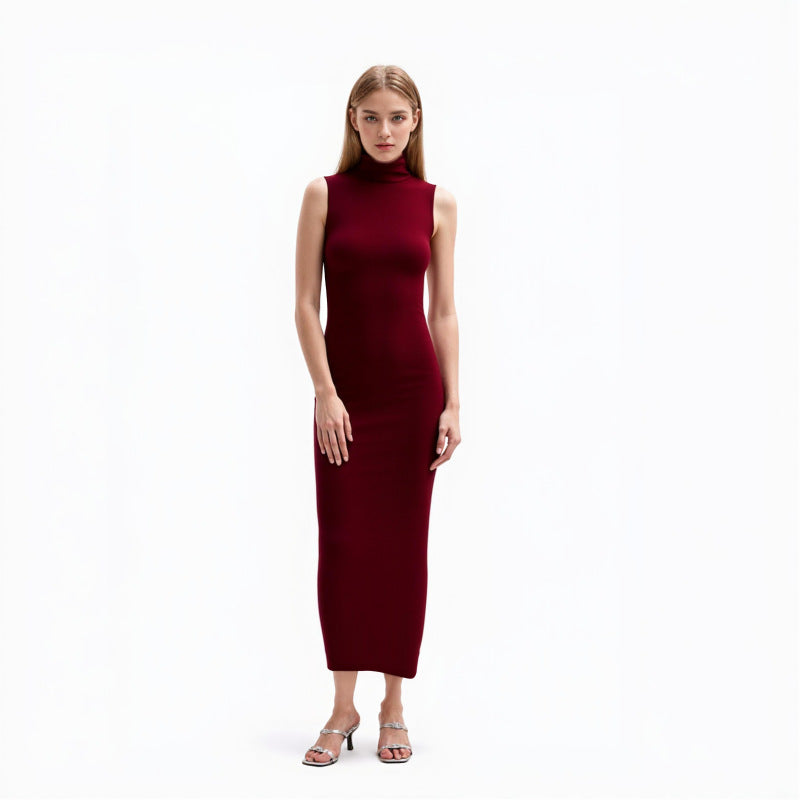 Red High Neck Sleeveless Knit Dress Wool