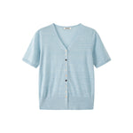Load image into Gallery viewer, Women's Custom Blue V-Neck Short Sleeve Button-Front Wool Knit Cardigan | OEM/ODM Knitwear Manufacturer