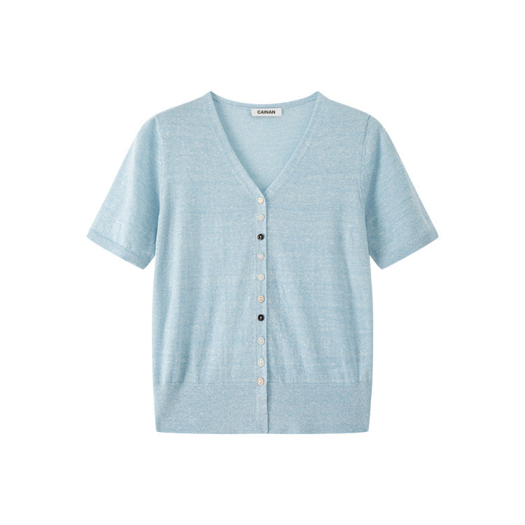 Women's Custom Blue V-Neck Short Sleeve Button-Front Wool Knit Cardigan | OEM/ODM Knitwear Manufacturer