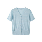 Women's Custom Blue V-Neck Short Sleeve Button-Front Wool Knit Cardigan | OEM/ODM Knitwear Manufacturer