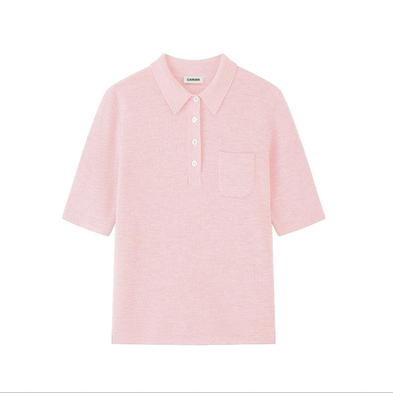 Women's Custom Blue Polo Collar Short Sleeve Wool Knit Sweater | OEM/ODM Knitwear Manufacturer