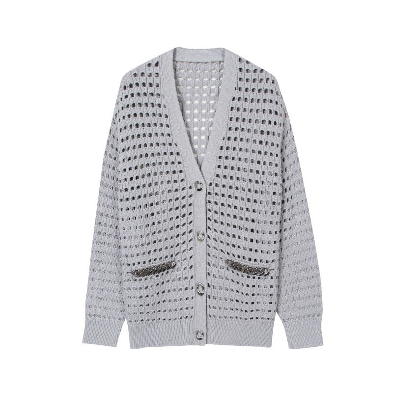 Women's Custom Gray V-Neck Long Sleeve Cotton Knit Sweater | OEM/ODM Knitwear Manufacturer