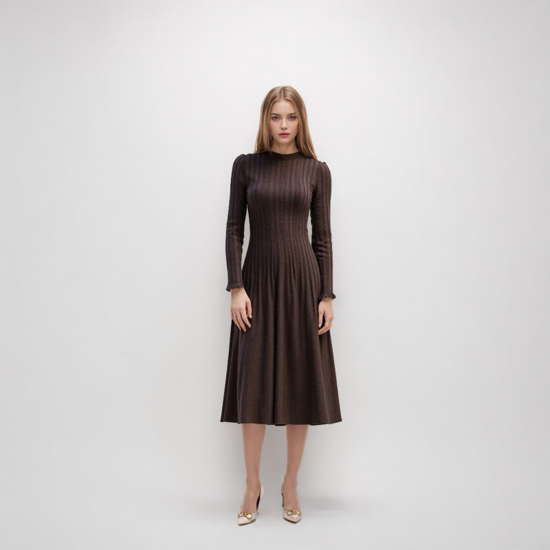 Women's Custom Brown Round Neck Long Sleeve Knit Dress | OEM/ODM Knitwear Manufacturer