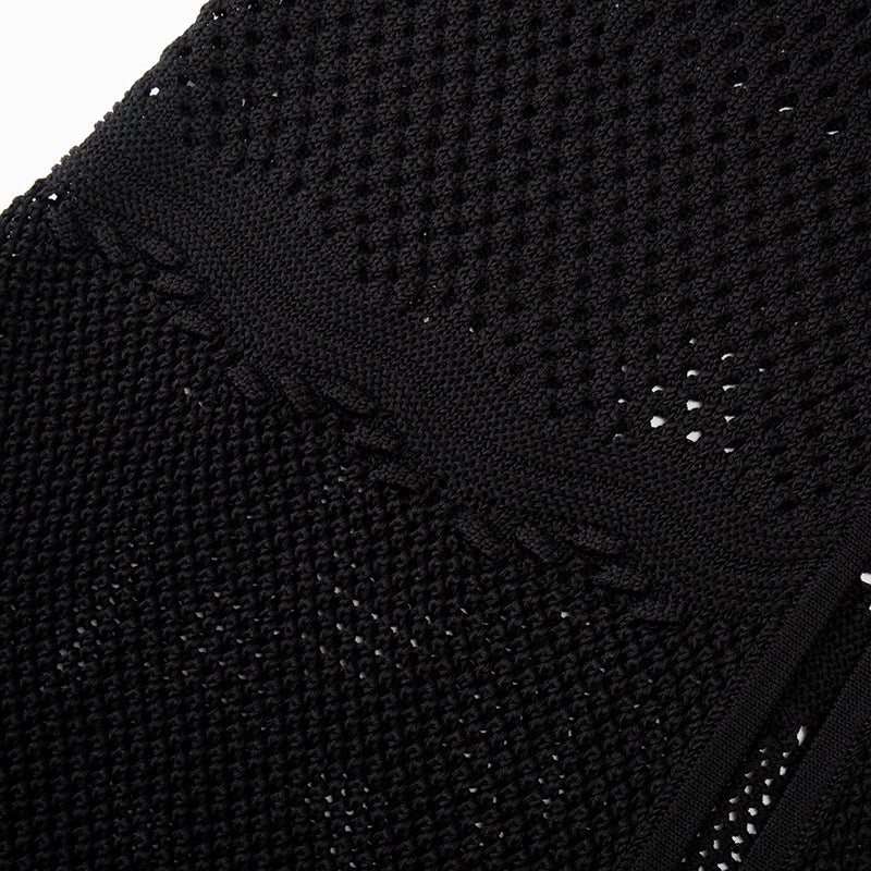 Women's Custom Black V-Neck Button-Front Mesh Knit Maxi Dress | OEM/ODM Knitwear Manufacturer