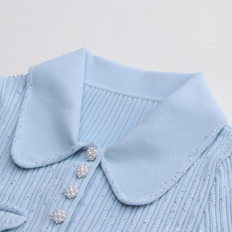Women's Custom Misty Blue Polo Collar Short Sleeve Knit Dress