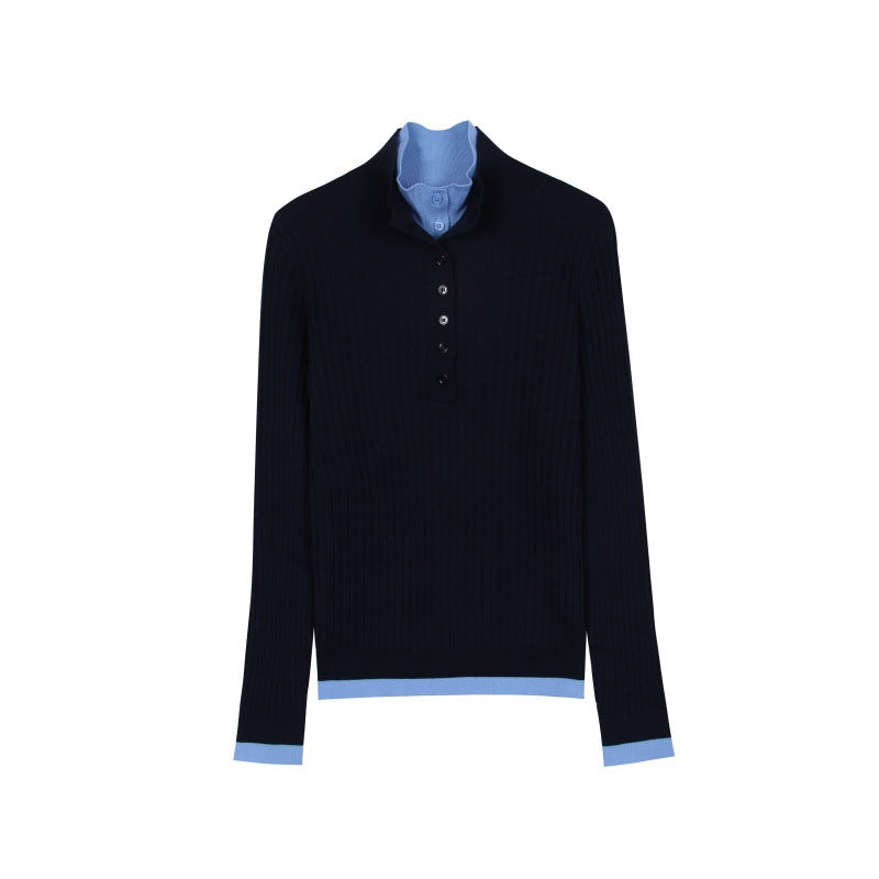 Women's Custom Blue High Neck Long Sleeve Wool Knit Sweater | OEM/ODM Knitwear Manufacturer