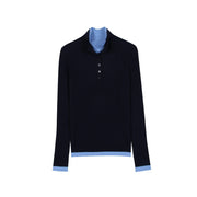 Women's Custom Blue High Neck Long Sleeve Wool Knit Sweater | OEM/ODM Knitwear Manufacturer