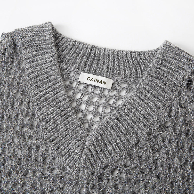 Women's Custom Gray V-Neck Long Sleeve Knit Sweater | OEM/ODM Knitwear Manufacturer