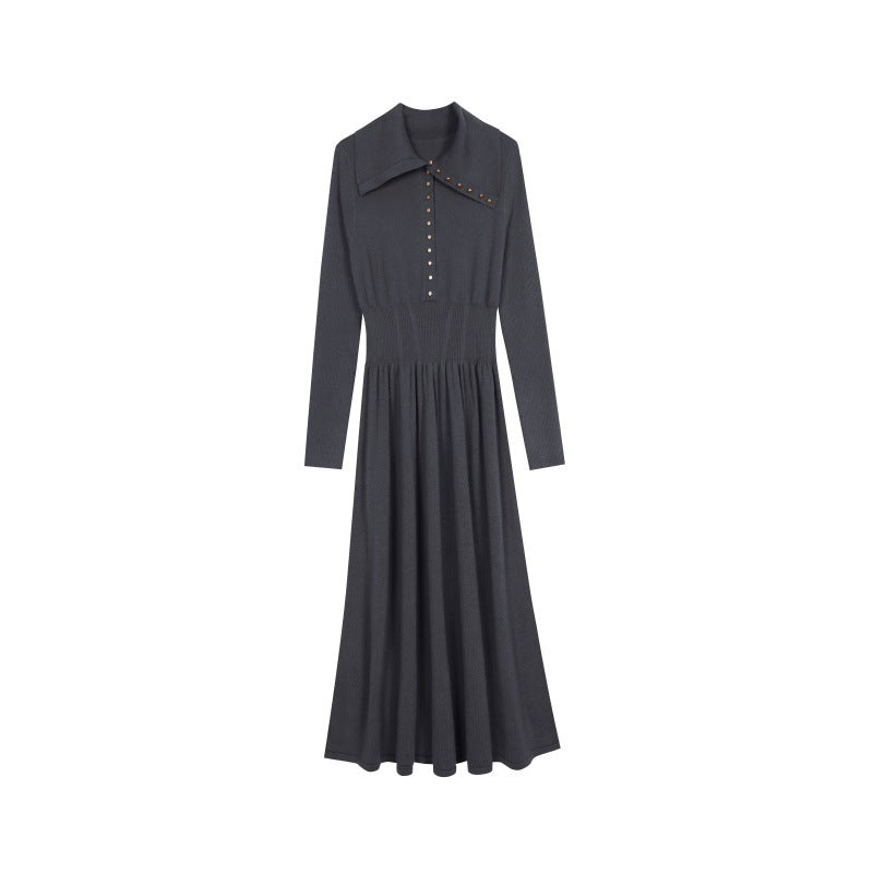Coffee Lapel Long Sleeve Knit Dress Wool