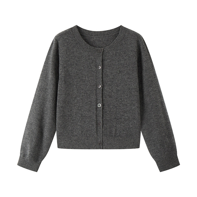 Women's Custom Gray Round Neck Long Sleeve Wool Knit Cardigan | OEM/ODM Knitwear Manufacturer