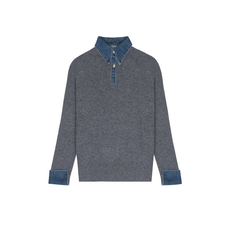 Women's Custom Gray Lapel Wool Knit Sweater | OEM/ODM Knitwear Manufacturer
