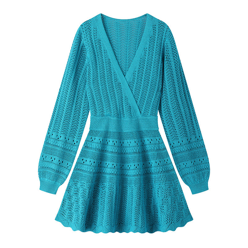 Blue V Neck Long Sleeve Knit Dress