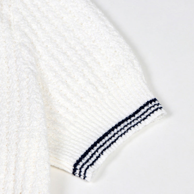 Women's Custom White Polo Collar Short Sleeve Cotton Knit Sweater | OEM/ODM Knitwear Manufacturer