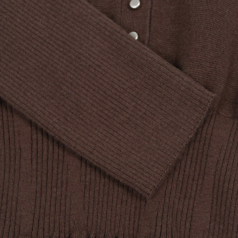Coffee Lapel Long Sleeve Knit Dress Wool
