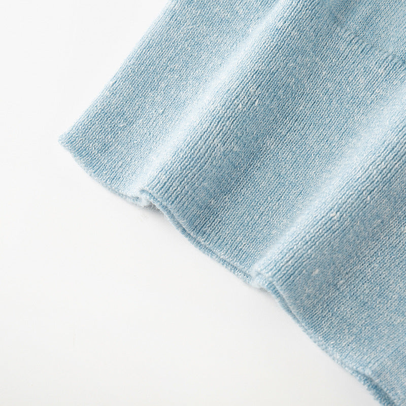 Women's Custom Blue V-Neck Short Sleeve Button-Front Wool Knit Cardigan | OEM/ODM Knitwear Manufacturer