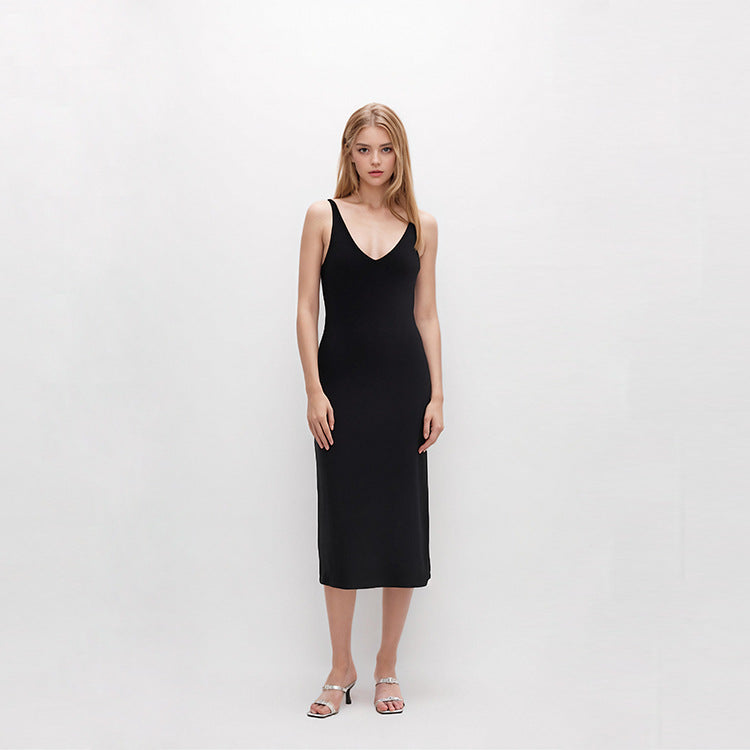 Women's Custom Black V-Neck Spaghetti Strap Knit Maxi Dress | OEM/ODM Knitwear Manufacturer