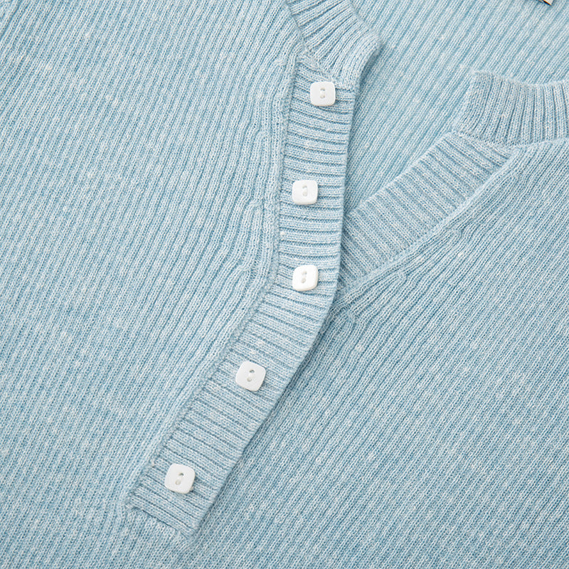 Women's Custom Blue V-Neck Short Sleeve Wool Knit Sweater | OEM/ODM Knitwear Manufacturer