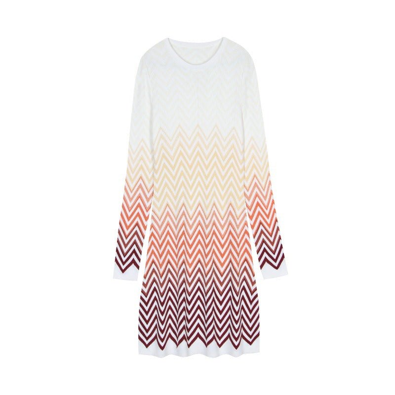 Women's Custom White Round Neck Long Sleeve Knit Dress