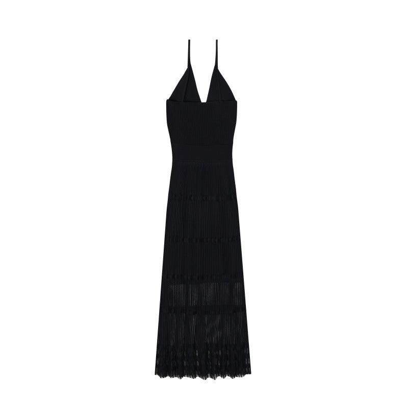Women's Custom Black V-Neck Sleeveless Knit Dress | OEM/ODM Knitwear Manufacturer