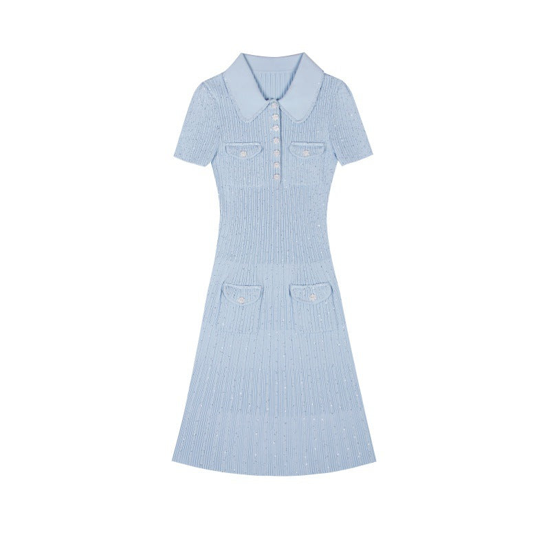 Women's Custom Misty Blue Polo Collar Short Sleeve Knit Dress