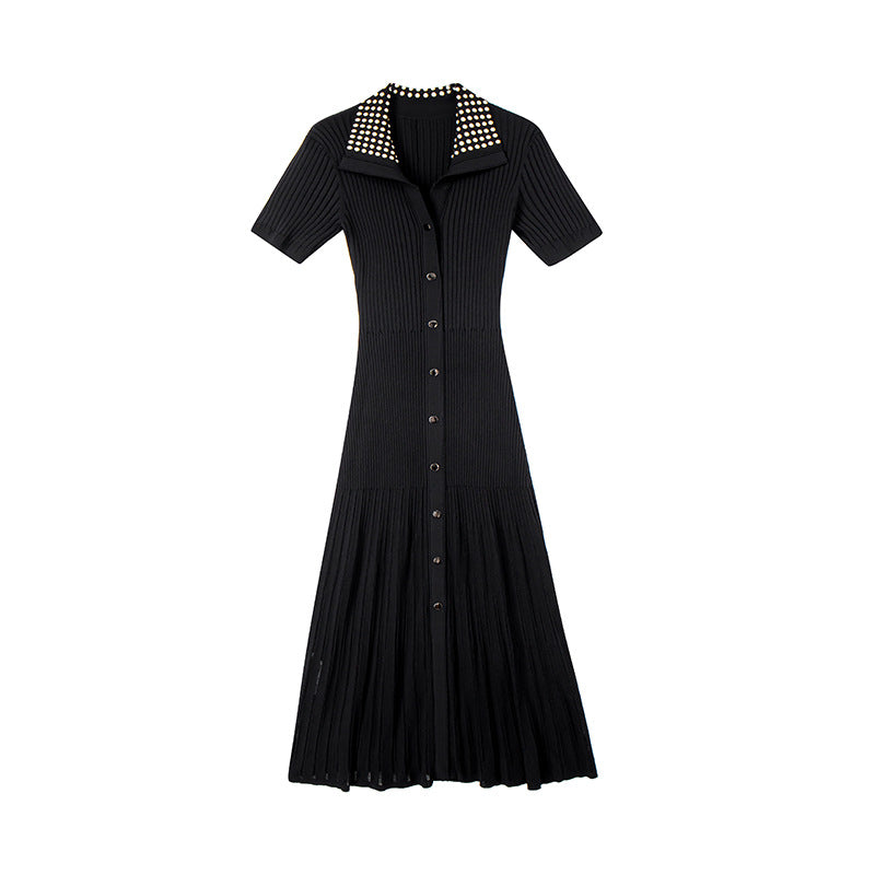 Women's Custom Black Lapel Short Sleeve Knit Dress | OEM/ODM Knitwear Manufacturer