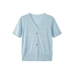 Load image into Gallery viewer, Women's Custom Blue V-Neck Short Sleeve Button-Front Wool Knit Cardigan | OEM/ODM Knitwear Manufacturer