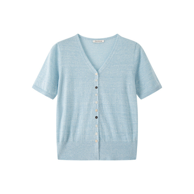 Women's Custom Blue V-Neck Short Sleeve Button-Front Wool Knit Cardigan | OEM/ODM Knitwear Manufacturer