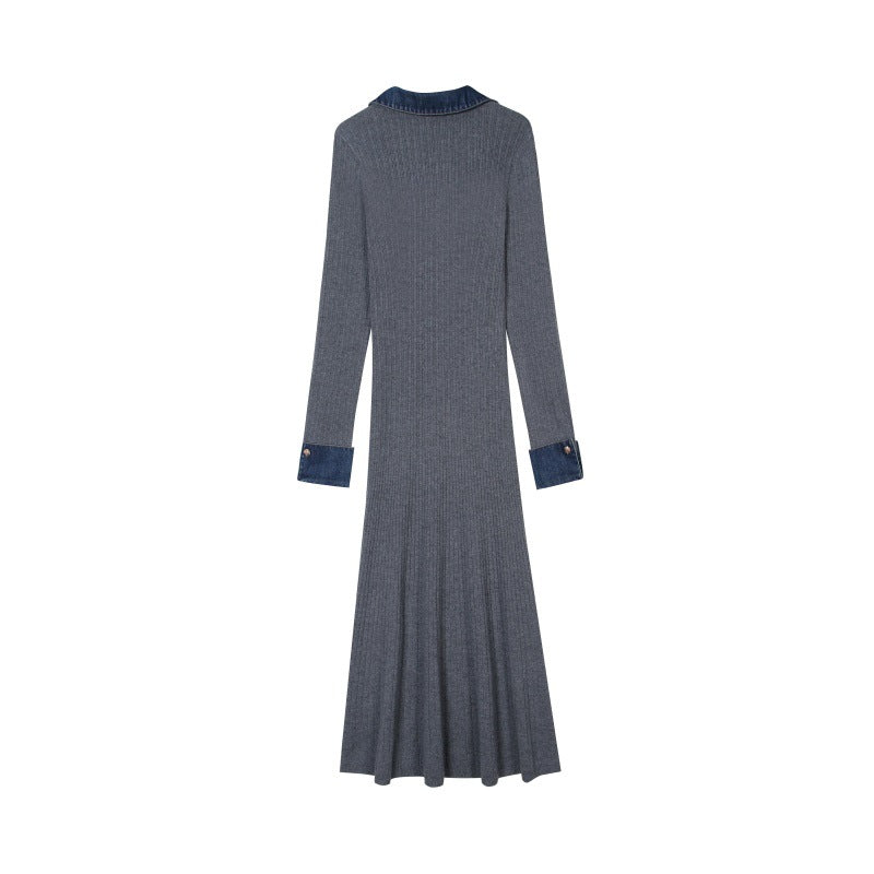 Gray Polo Collar Long Sleeve Knit Dress Wool