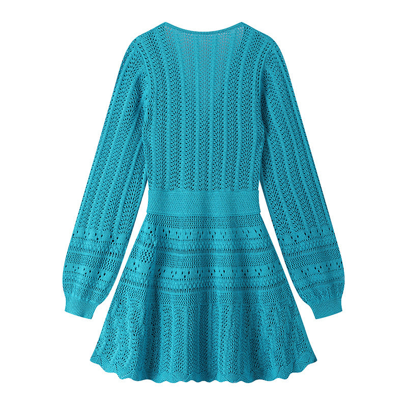 Blue V Neck Long Sleeve Knit Dress