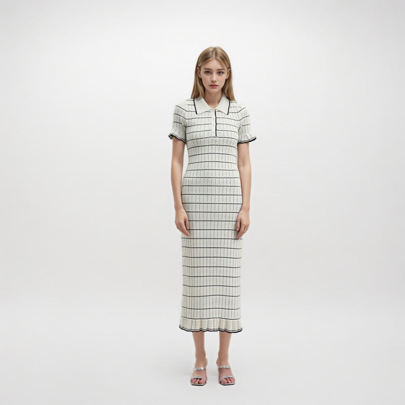 Women's Custom White Lapel Short Sleeve Knit Dress | OEM/ODM Knitwear Manufacturer