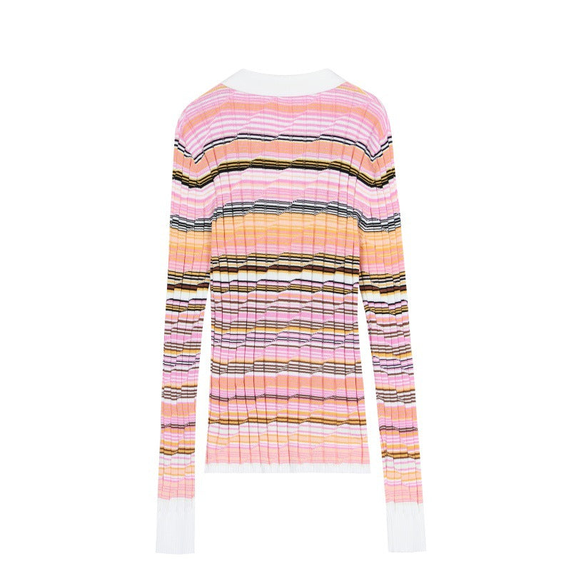 Women's Custom Pink Polo Collar Long Sleeve Tencel Knit Sweater